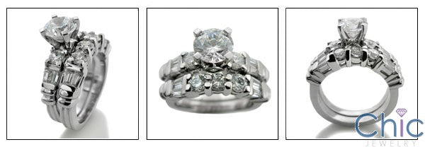 Matching Engagement Set 1.25 Round Center Baguettes in Channel Cubic Zirconia 14k White Gold Ring