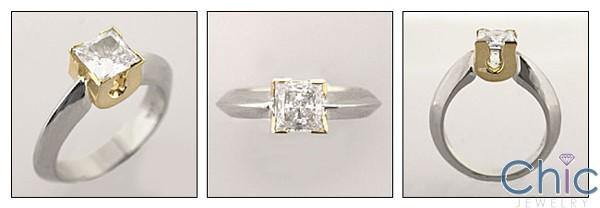 1 Carat High Quality Princess Cubic Zirconia Solitaire Knife Shank Two Tone 14K Gold Ring
