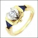 Cubic Zirconia Round Center Triangle Sapphire Two Tone 14K Gold Ring