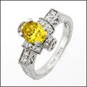 Estate 1.5 Yellow Oval Engraved Shank Pave Cubic Zirconia Cz Ring