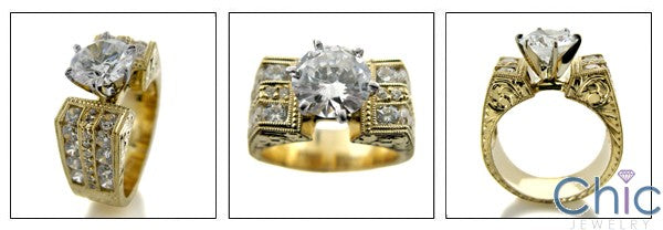 Cubic Zirconia Engagement 1.5 Round Center Ring Channel Sides Hand  Engraved Shank 14K Gold