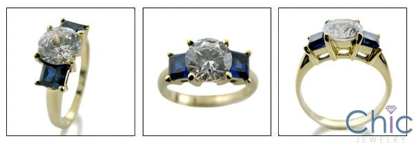3 Stone 1.5 Round Center Sapphire Princess Cubic Zirconia Cz Ring