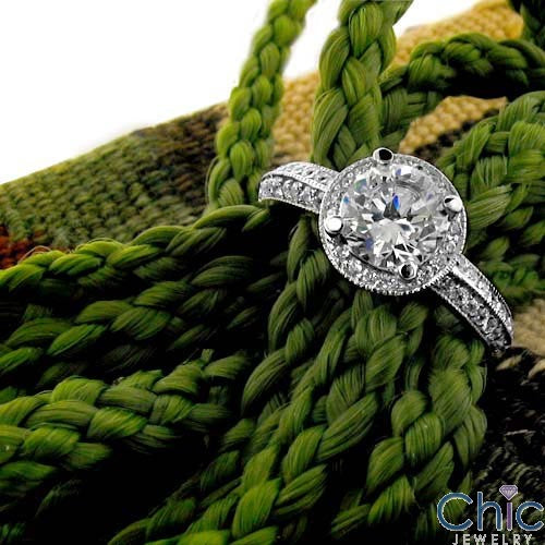 Cubic Zirconia Round 1 Carat Engagement Antique Style Halo Pave Cz 14K White Gold Ring