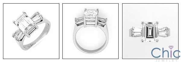 3 Carat Emerald Cut Cubic Zirconia Center Tapered Baguettes Engagement 14K White Gold Ring