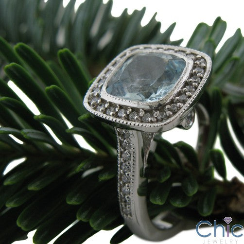 Estate Aquamarine Cushion Halo Cubic Zirconia Cz Ring