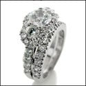 Matching Engagement Ring Set Round 1 Carat Center Cubic Zirconia Halo Pave 14K White Gold