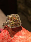 Light Canary 1.25 Carat Round Cubic Zirconia Two tone 14K Gold Double Halo Engagement Ring