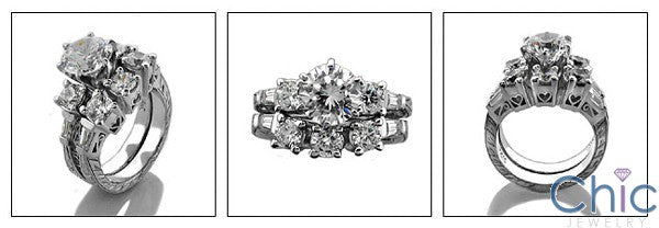 Matching Set 1.5 Round Center Fitted Filigree Engraving Cubic Zirconia Cz Ring
