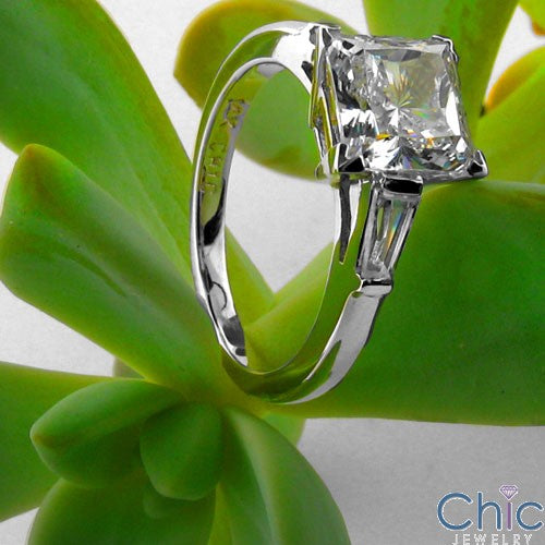 Cubic Zirocnia 1.5 Princess and Tapered Baguettes Channel Cz  Engagement 14k White Gold Ring