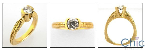Cubic Zirconia Solitaire .50 Round Half Bezel Engraved Euro Shank 14K Yellow Gold Ring