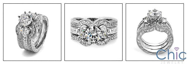 Matching Set 1 Ct Round Center Pave Engraved Double Cubic Zirconia Cz Ring