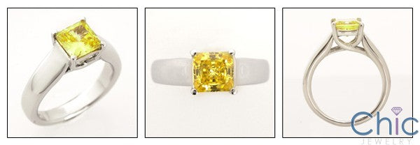 Solitaire 1 Carat Princess Canary Lucida Style Cubic Zirconia 14k White Gold Ring