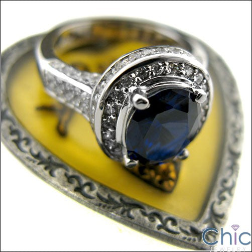 3 Carat Oval Blue Sapphire Cubic Zirconia Center Halo Pave 14K White Gold Cz Ring