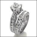 1.5 Round Center Cubic Zirconia Engagement Ring with Matching Band  Channel Cz Sides 14K W Gold