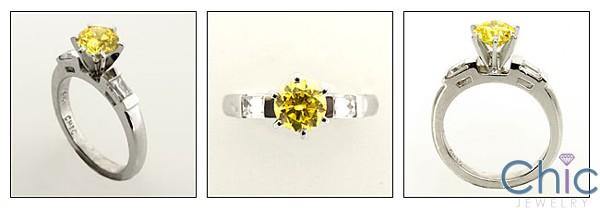 1 Carat Yellow Canary Cubic Zirconia Round Center Channel Baguette Engagement Ring 14K White Gold