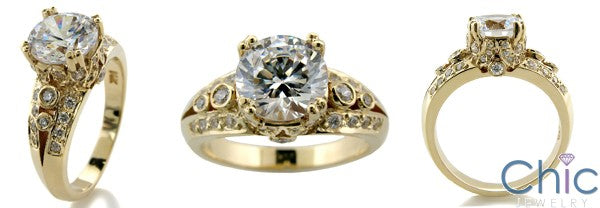 Anniversary 2 Carat Round Center Double Prongs Cubic Zirconia Ring With Bezel and Pave Sides in Yellow Gold