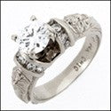 Estate 1 Carat Round Center Engraved Shank Cubic Zirconia 14K White Gold Ring