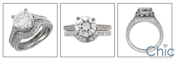 Matching Set 2.5 Round Center Curved Engraved Cubic Zirconia Cz Ring