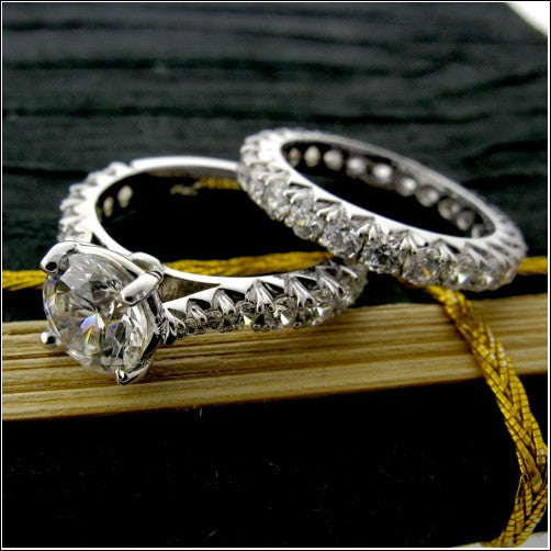Matching Set 1.5 Round Center Cubic Zirconia Ring and Matching Eternity Band 14K W Gold