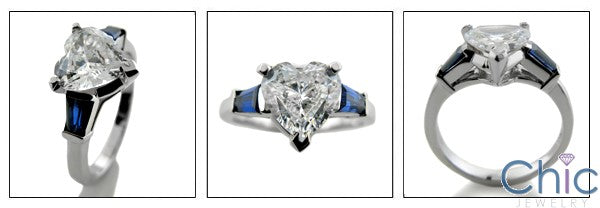 3 Stone 2 Ct Heart Sapphire Baguettes in Channel Cubic Zirconia Cz Ring