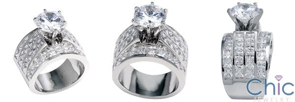 Engagement 15mm Wide Ring 2.75 Round Cubic Zirconia Center Channel Princess Sides 14K White Gold