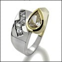 Cubic Zirconia Half Carat Pear Shaped Canary Bezel Two Tone Gold Anniversary Ring