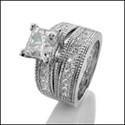 2 Carat Cubic Zirconia Princess Matching Engagement Ring With Channel Set CZ Band 14K White Gold