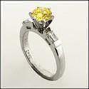 1 Carat Yellow Canary Cubic Zirconia Round Center Channel Baguette Engagement Ring 14K White Gold