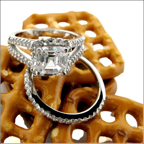 Matching Set 1.5 Ct Asscher Cubic Zirconia  Split Shank Pave Engagement Ring 14K White Gold