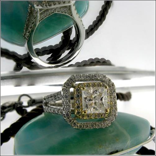 1 Carat Princess Center Cubic Zirconia Two Tone Halo 14K Gold Engagement Ring