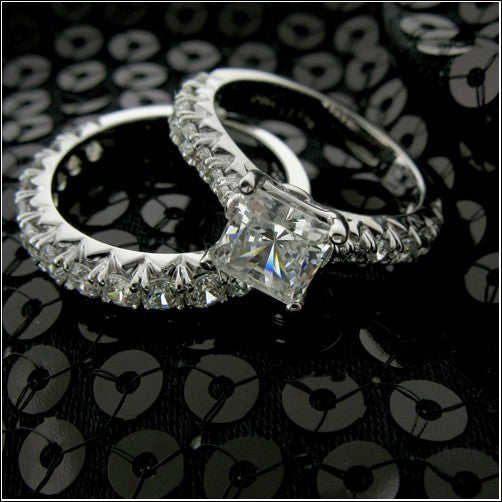 Matching Engagement Ring Set Cubic Zirconia Princess 1 Carat Center 14K White Gold