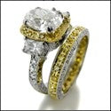 Matching Set 2 Ct Oval Ct Canary Pave Halo Two Tone Eternity Cubic Zirconia Cz Ring