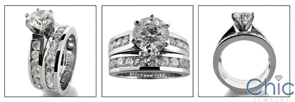 Cubic Zirconia Matching Set 1.5 Carat Round Stone Tiffany 6 Prongs Ring Channel Wedding Band 14k White Gold