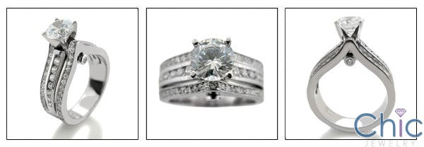 Engagement 1 Ct Round Cubic Zirconia Raised Center Channel Pave On Sides 14K White Gold Cz Ring