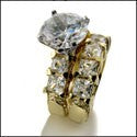 Cubic Zirconia 3 Carat Round Center Engagement Ring with Wedding Band 14k Yellow Gold