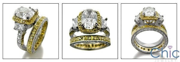 Matching Set 2 Ct Oval Ct Canary Pave Halo Two Tone Eternity Cubic Zirconia Cz Ring