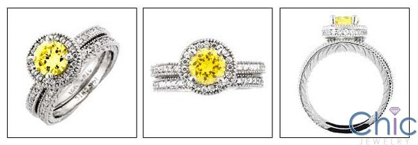 Matching Set Canary Round 1 Ct . Halo Pave Engraved Shank Cubic Zirconia Cz Ring