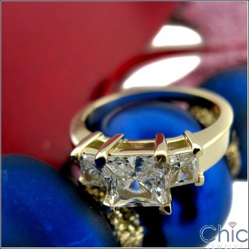 1.75 Carat Princess Cubic Zirconia 3 Stone Ring Prong Set 14K Yellow Gold
