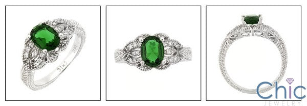 Estate 1.5 Oval Emerald Color Engraved Shank Cubic Zirconia Cz Ring