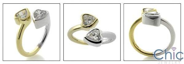 Anniversary Two Heart Shape Cubic Zirconia Stones in Bezel 14K Tone Tone Gold Ring