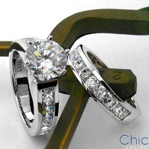 High Quality Cubic Zirconia Matching Engagement Ring Set Round 1.75 Center Stone Channel Princess Sides 14k W Gold