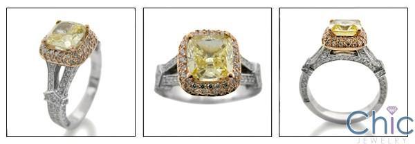 1.5 Carat Canary Cushion Cubic Zirconia Rose Gold Halo and Pave Sides Two Tone 14K Ring