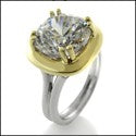 Solitaire 4 Carat Cushion Cubic Zirconia Two Tone Solid 14K Gold Ring