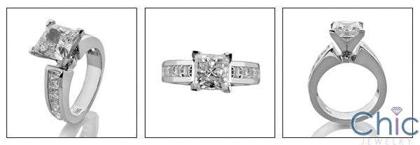 Channel Set Cubic Zirconia Princess Cut 1.5 Carat 4 Prong Center Engagement Ring 14k White Gold