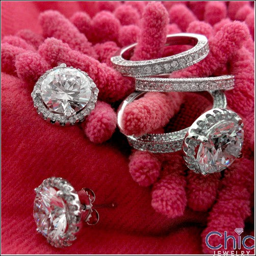 Matching Set 4 Ct Round Halo Pave Double Cubic Zirconia Cz Ring