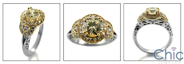 Anniversary Canary 1 Ct Round Center Yellow Gold Halo Cubic Zirconia 14K Ring