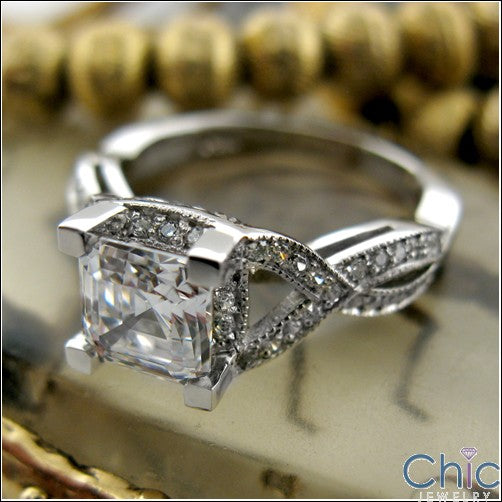 Engagement 1.25 Asscher Cubic Zirconia  Pave Set Rounds Side Stones Cz 14K White Gold Ring