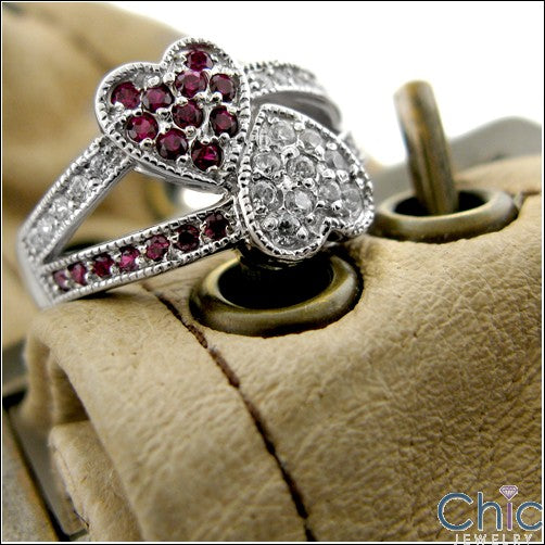 Ring With Two Hearts Set with Ruby and Diamond Color Cubic Zirconia in 14K White Gold