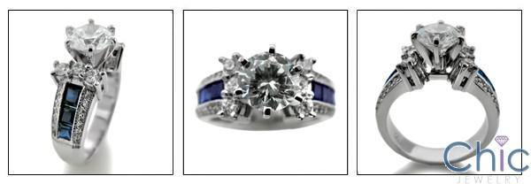 1.25 Brilliant  Round Cubic Zirconia Center Sapphire Channel Princess Sides 14k White Gold Engagement Ring