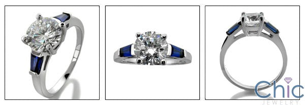 Engagement 2.25 Round Diamond CZ witihandsapphire Baguettes Cubic Zirconia Cz Ring